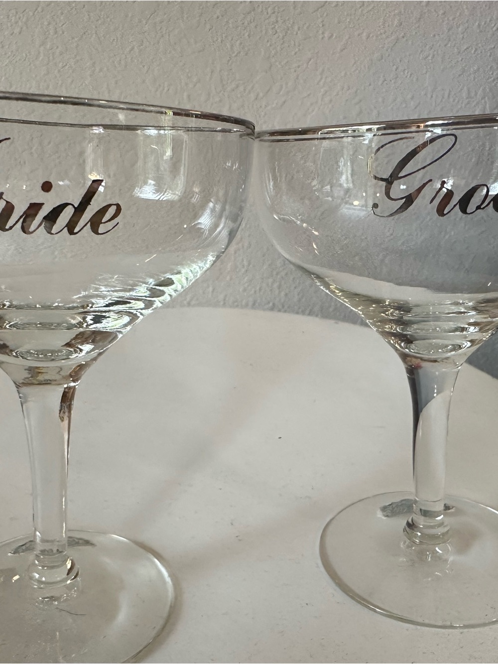 Bride & Groom Etched Champagne Coupes with Silver Trim - Clear